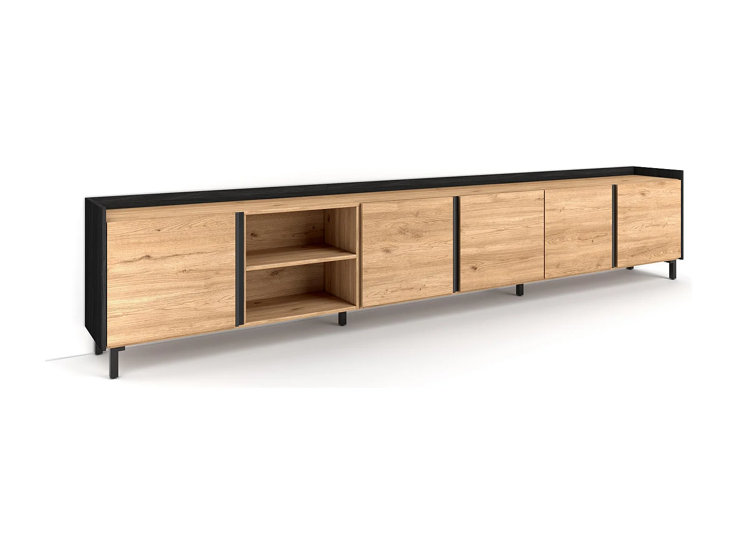 Mueble TV, Televisión, 309x61x35 cm, Para TV hasta 80", Diseño industrial, Roble y negro