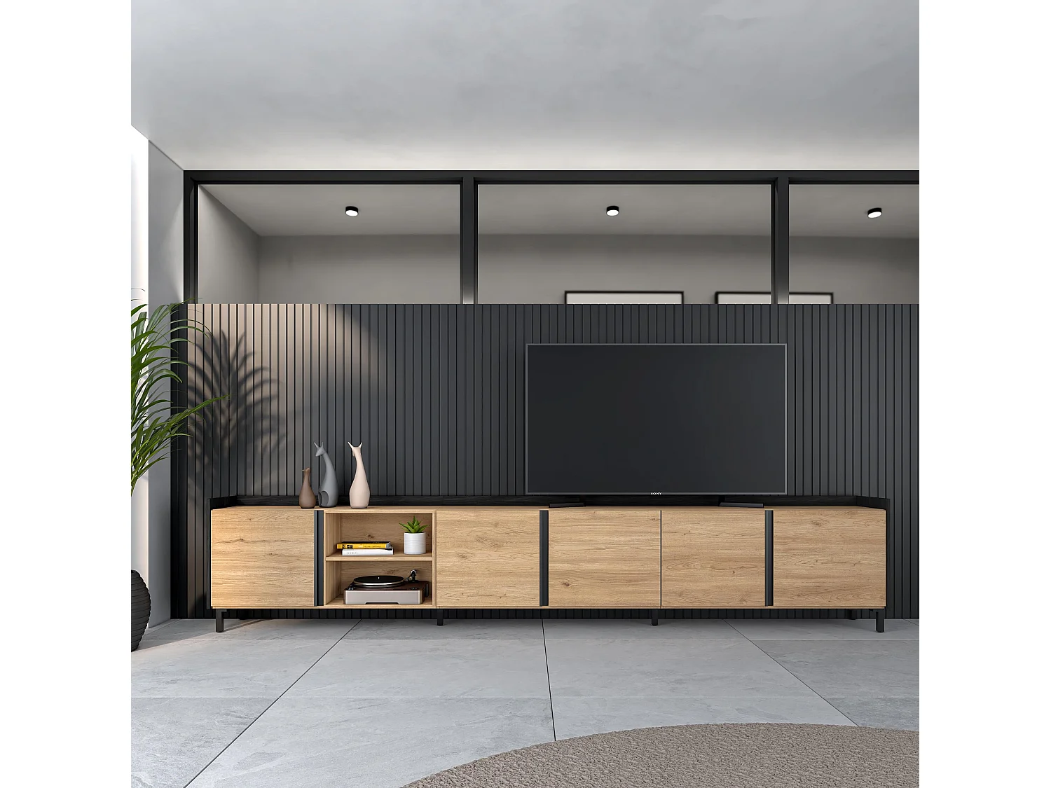 Mueble TV, Televisión, 309x61x35 cm, Para TV hasta 80", Diseño industrial, Roble y negro