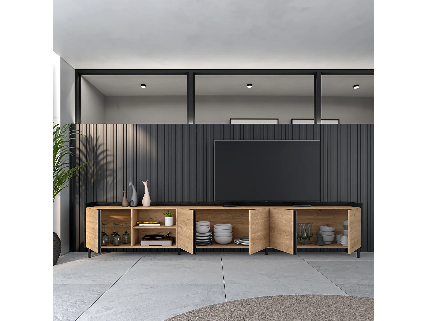 Mueble TV, Televisión, 309x61x35 cm, Para TV hasta 80", Diseño industrial, Roble y negro