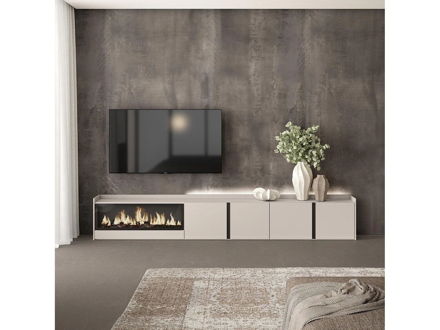 TV-Schrank, Lowboard, 315x50x35 cm, Für TV-Geräte bis zu 80", Elektrokamin XXL, LED, Beige