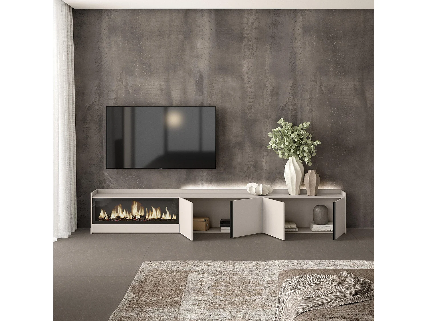 TV-Schrank, Lowboard, 315x50x35 cm, Für TV-Geräte bis zu 80", Elektrokamin XXL, LED, Beige