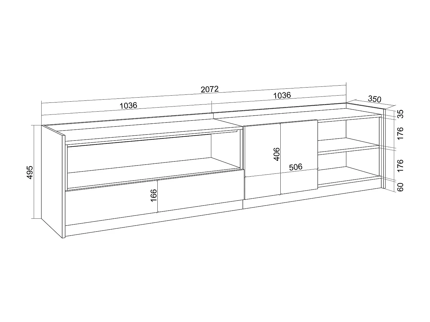 Móvel de TV, 207x50x37 cm, Para televisores até 80", LED, Preto e Carvalho
