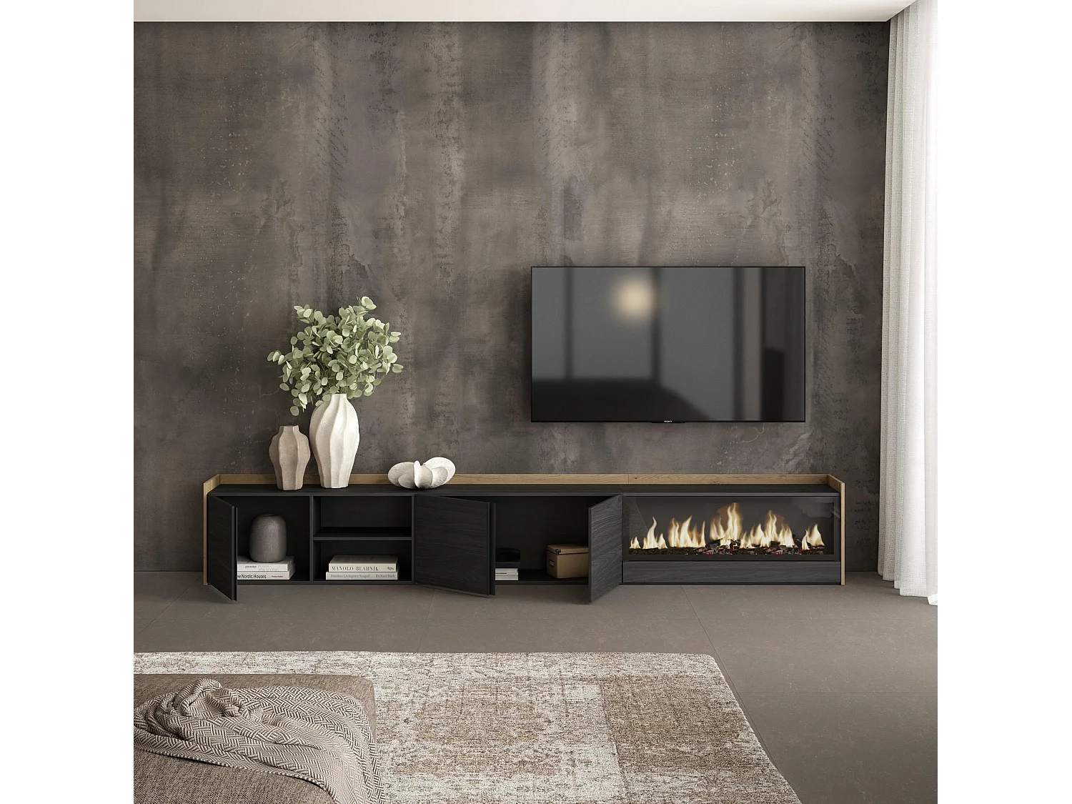 Móvel de TV, 315x50x35 cm, Para televisores até 80", Lareira eléctrica XXL, Preto e Carvalho