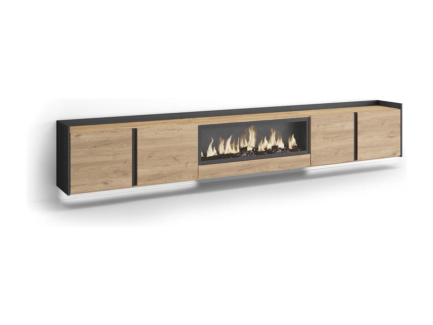TV-Meubel, Lowboard, 315x50x35 cm, Voor tv's tot 80", Elektrische haard XXL, Hangend, LED, Eiken/Zwart