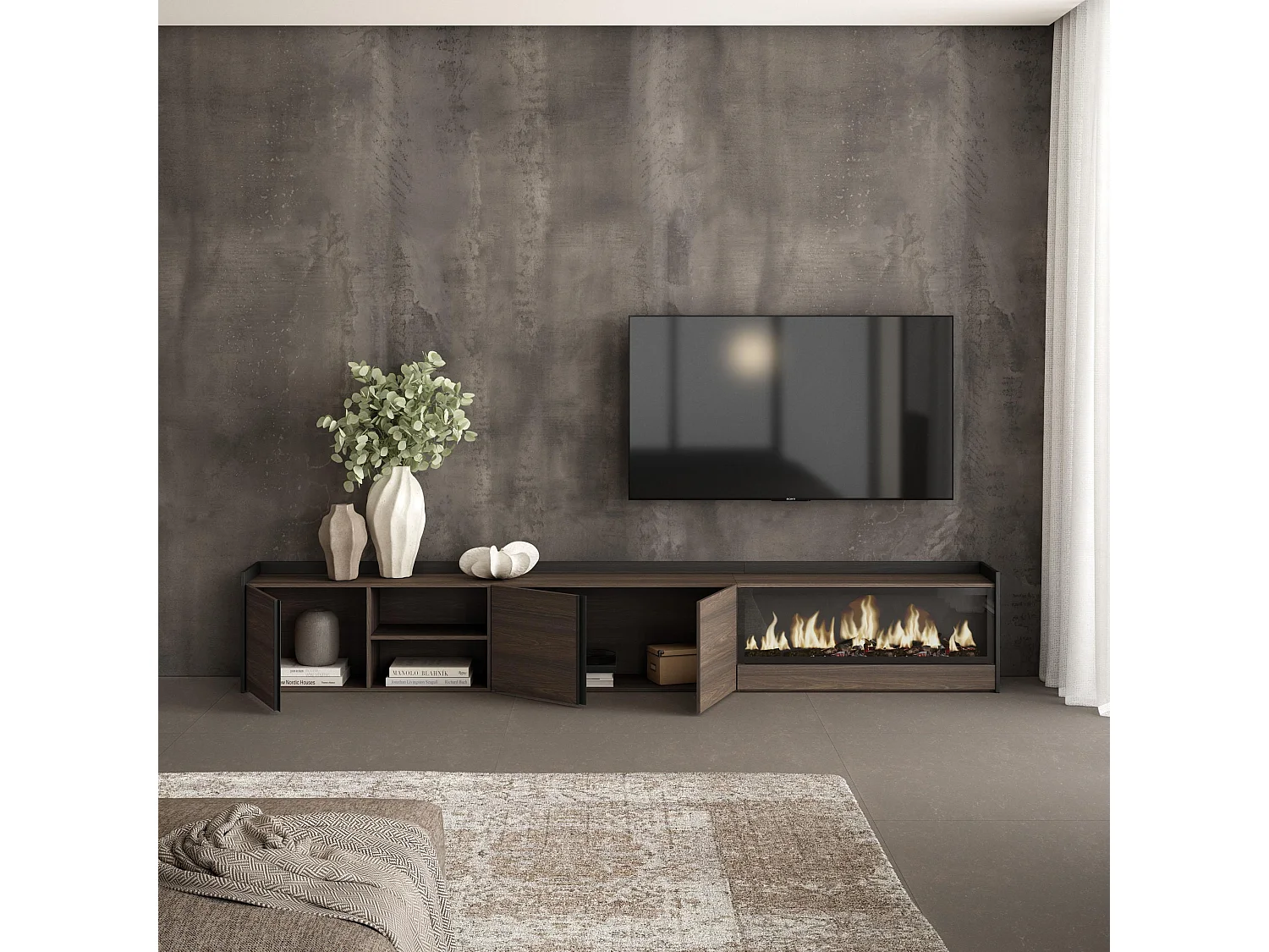 Móvel de TV, 315x50x35 cm, Para televisores até 80", Lareira eléctrica XXL, Carvalho escuro e Preto