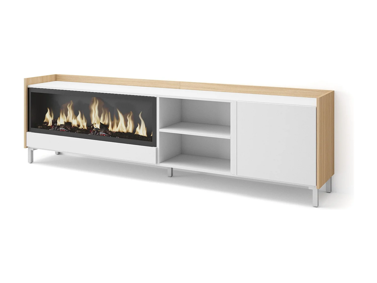 TV-Schrank, Lowboard, 212x61x35 cm, Für TV-Geräte bis zu 80", Elektrokamin XXL, Industriedesign, Weiß und Eiche Soft
