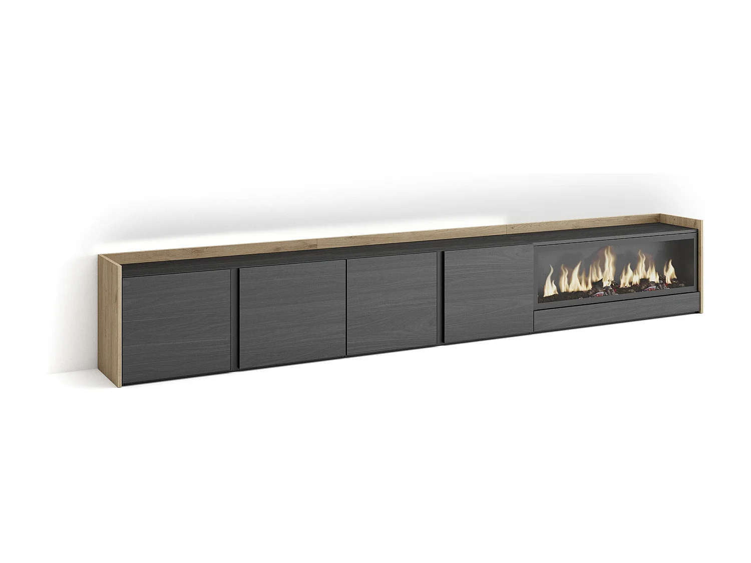 TV-Meubel, Lowboard, 315x50x35 cm, Voor tv's tot 80", Elektrische haard XXL, LED, Zwart/Eiken