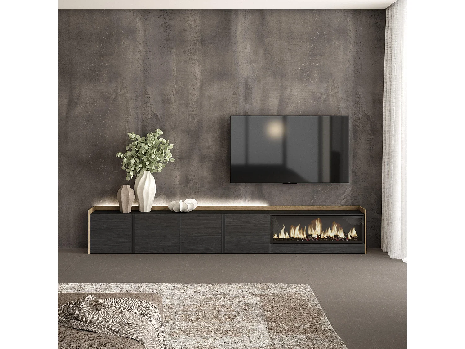 TV-Meubel, Lowboard, 315x50x35 cm, Voor tv's tot 80", Elektrische haard XXL, LED, Zwart/Eiken