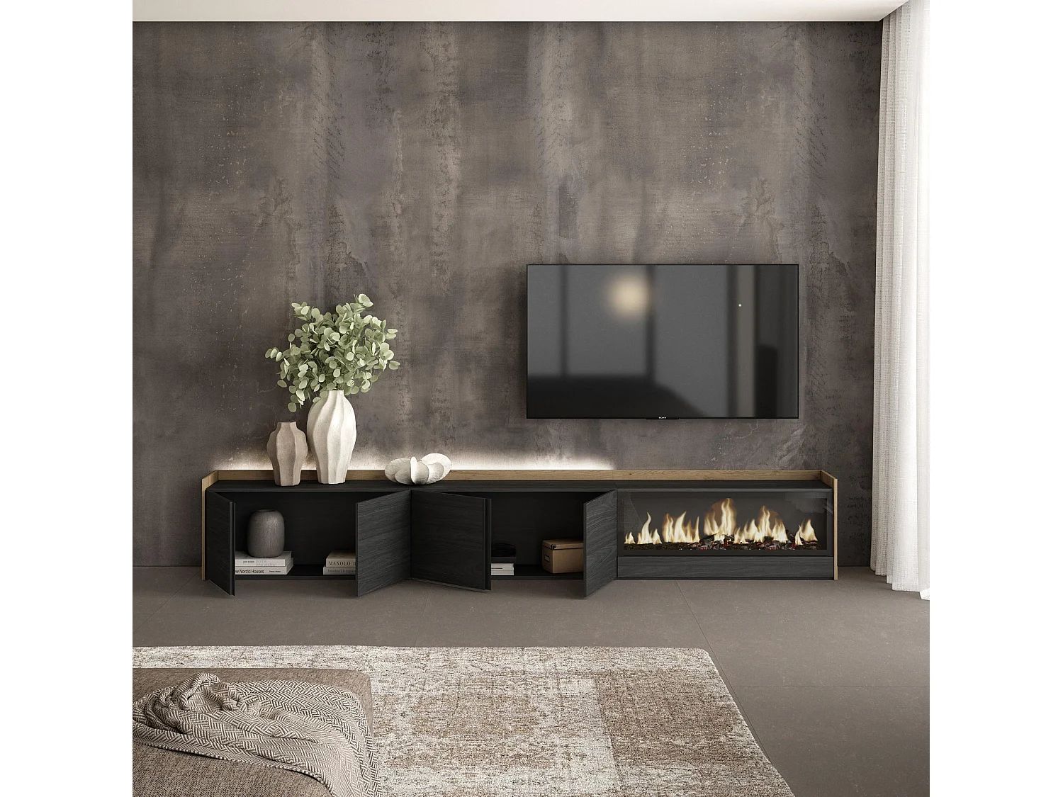 TV-Meubel, Lowboard, 315x50x35 cm, Voor tv's tot 80", Elektrische haard XXL, LED, Zwart/Eiken