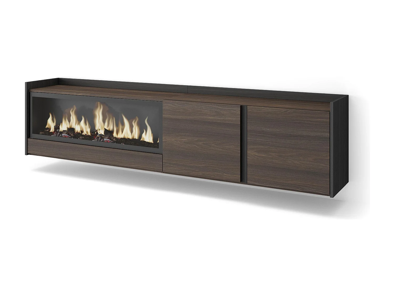 TV-Schrank, Lowboard, 212x50x35 cm, Für TV-Geräte bis zu 80", Elektrokamin XXL, Hängend, Dunkler Eiche und Schwarz