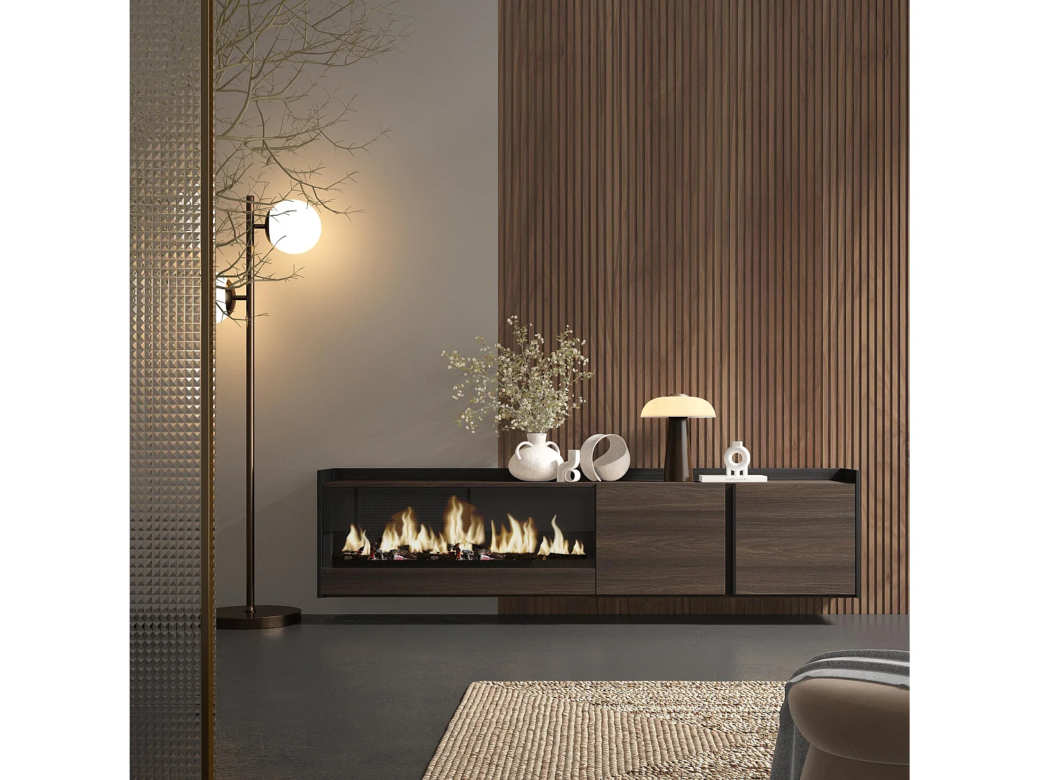 TV-Schrank, Lowboard, 212x50x35 cm, Für TV-Geräte bis zu 80", Elektrokamin XXL, Hängend, Dunkler Eiche und Schwarz