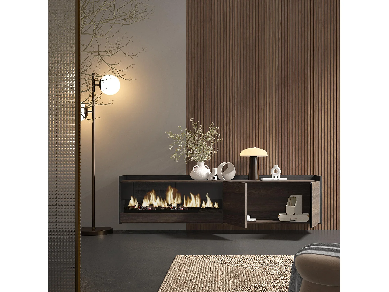 TV-Schrank, Lowboard, 212x50x35 cm, Für TV-Geräte bis zu 80", Elektrokamin XXL, Hängend, Dunkler Eiche und Schwarz