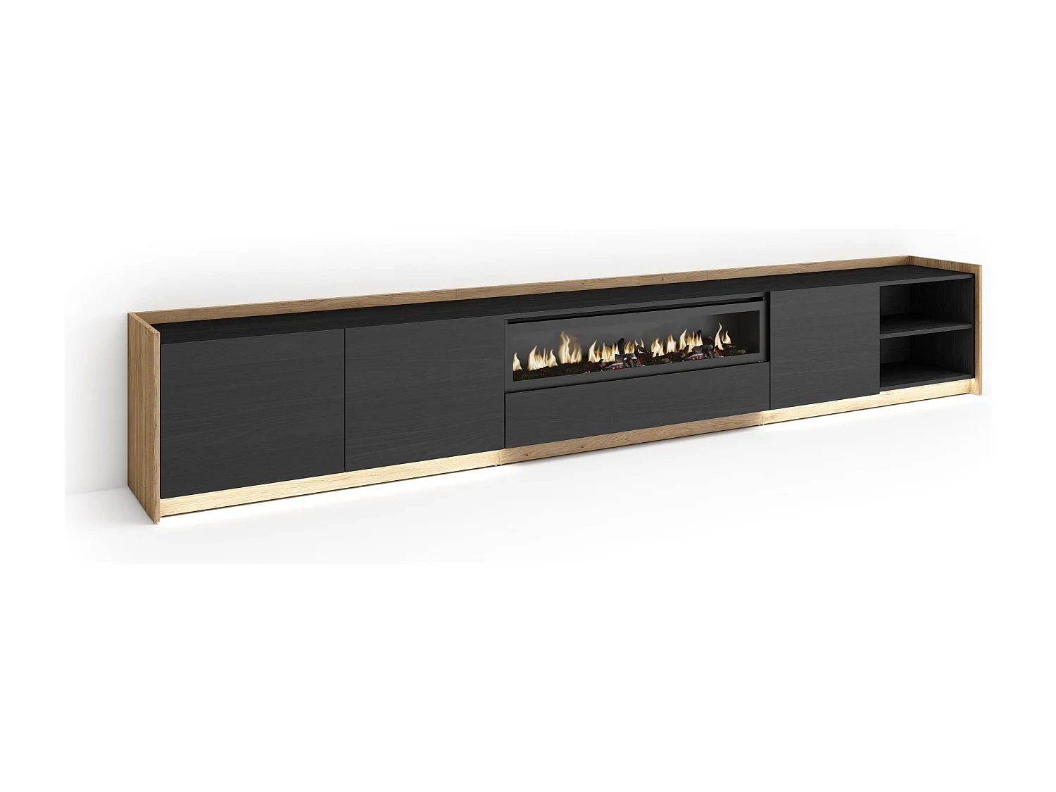 TV-Schrank, Lowboard, 310x50x37 cm, Für TV-Geräte bis zu 80", Elektrokamin., LED, Schwarz Eiche