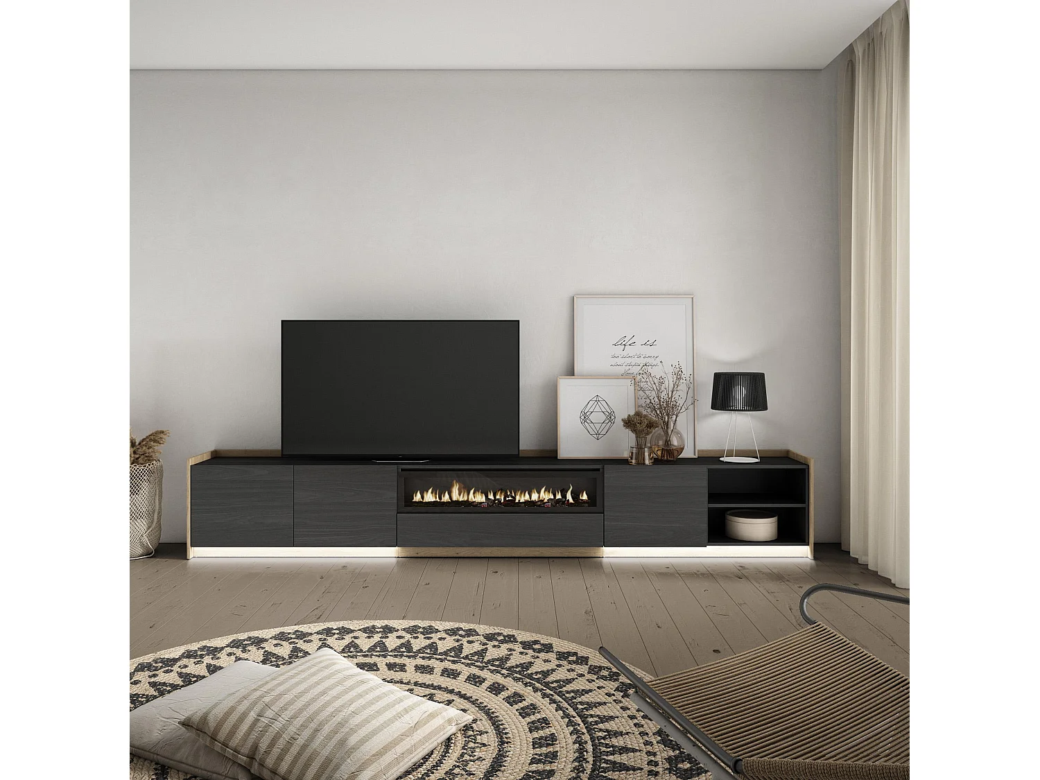 TV-Schrank, Lowboard, 310x50x37 cm, Für TV-Geräte bis zu 80", Elektrokamin., LED, Schwarz Eiche