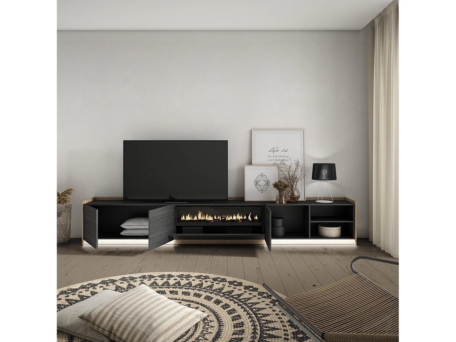 TV-Schrank, Lowboard, 310x50x37 cm, Für TV-Geräte bis zu 80", Elektrokamin., LED, Schwarz Eiche