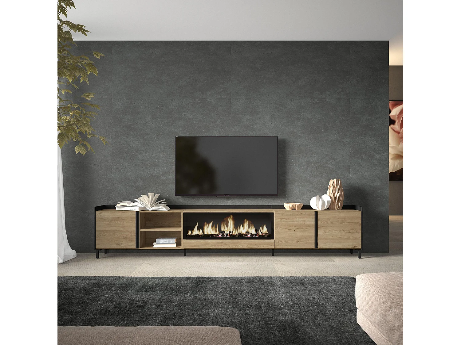 TV-Meubel, Lowboard, 315x61x35 cm, Voor tv's tot 80", Elektrische haard XXL, Industrieel design, Eiken/Zwart