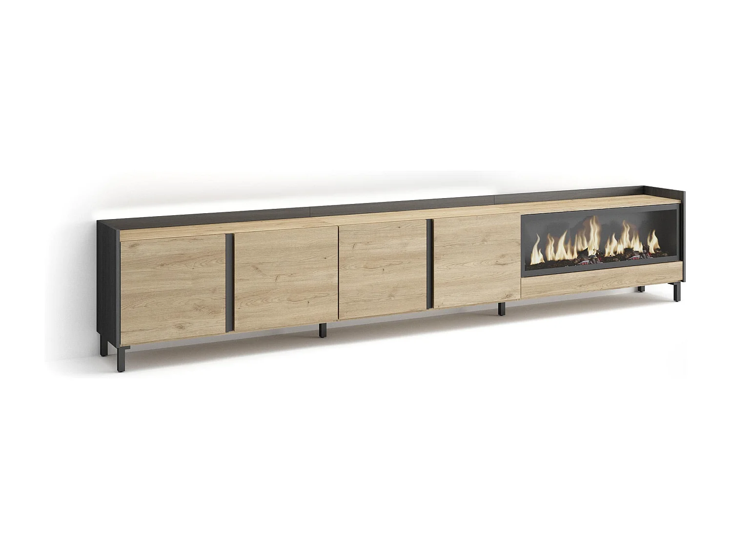 Mueble TV, Televisión, 315x61x35 cm, Para TV hasta 80", Chimenea eléctrica XXL, Diseño industrial, LED, Roble y negro
