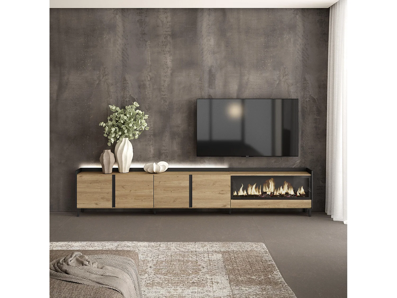 Mueble TV, Televisión, 315x61x35 cm, Para TV hasta 80", Chimenea eléctrica XXL, Diseño industrial, LED, Roble y negro