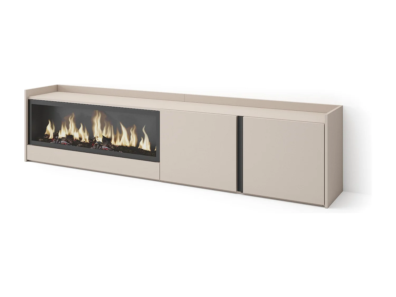 Meuble TV, Banc Télé, 212x50x35 cm, Pour les TV jusqu'à 80", Cheminée électrique XXL, Beige