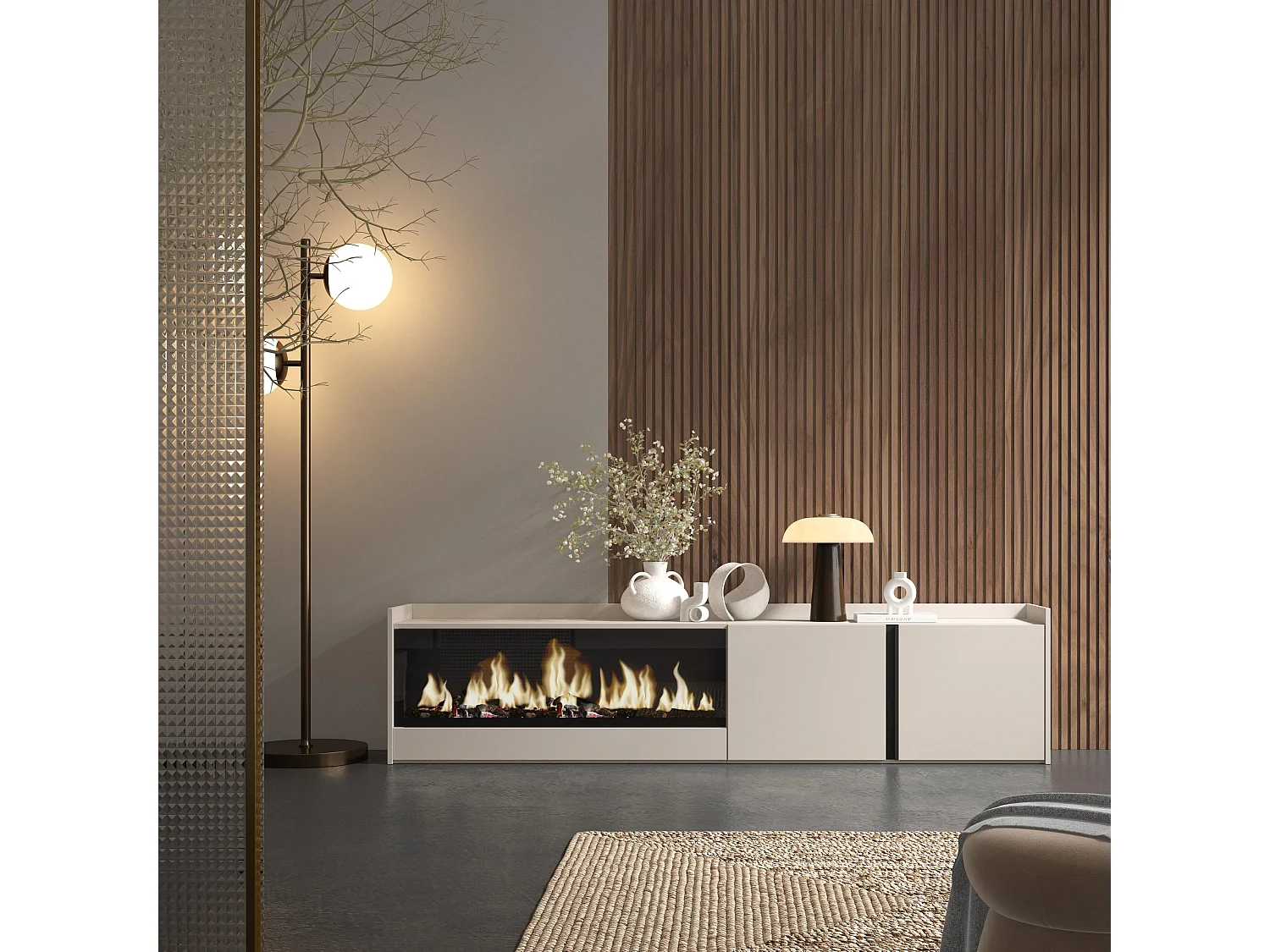 Meuble TV, Banc Télé, 212x50x35 cm, Pour les TV jusqu'à 80", Cheminée électrique XXL, Beige