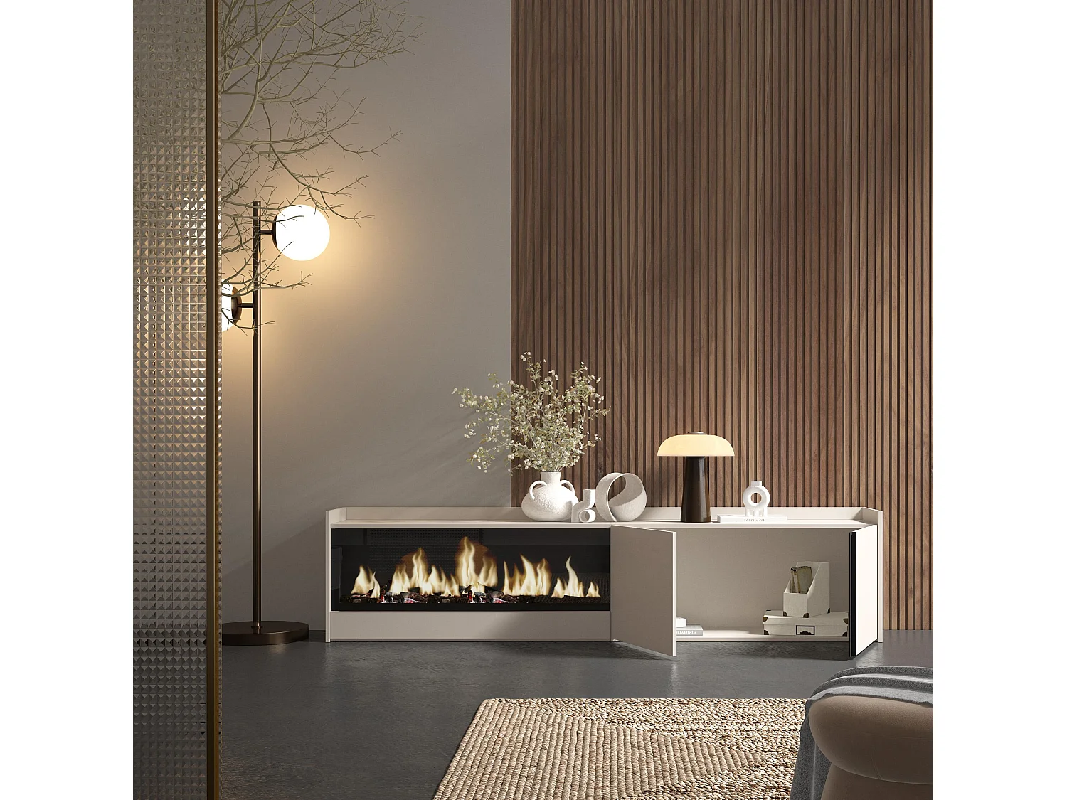 Meuble TV, Banc Télé, 212x50x35 cm, Pour les TV jusqu'à 80", Cheminée électrique XXL, Beige