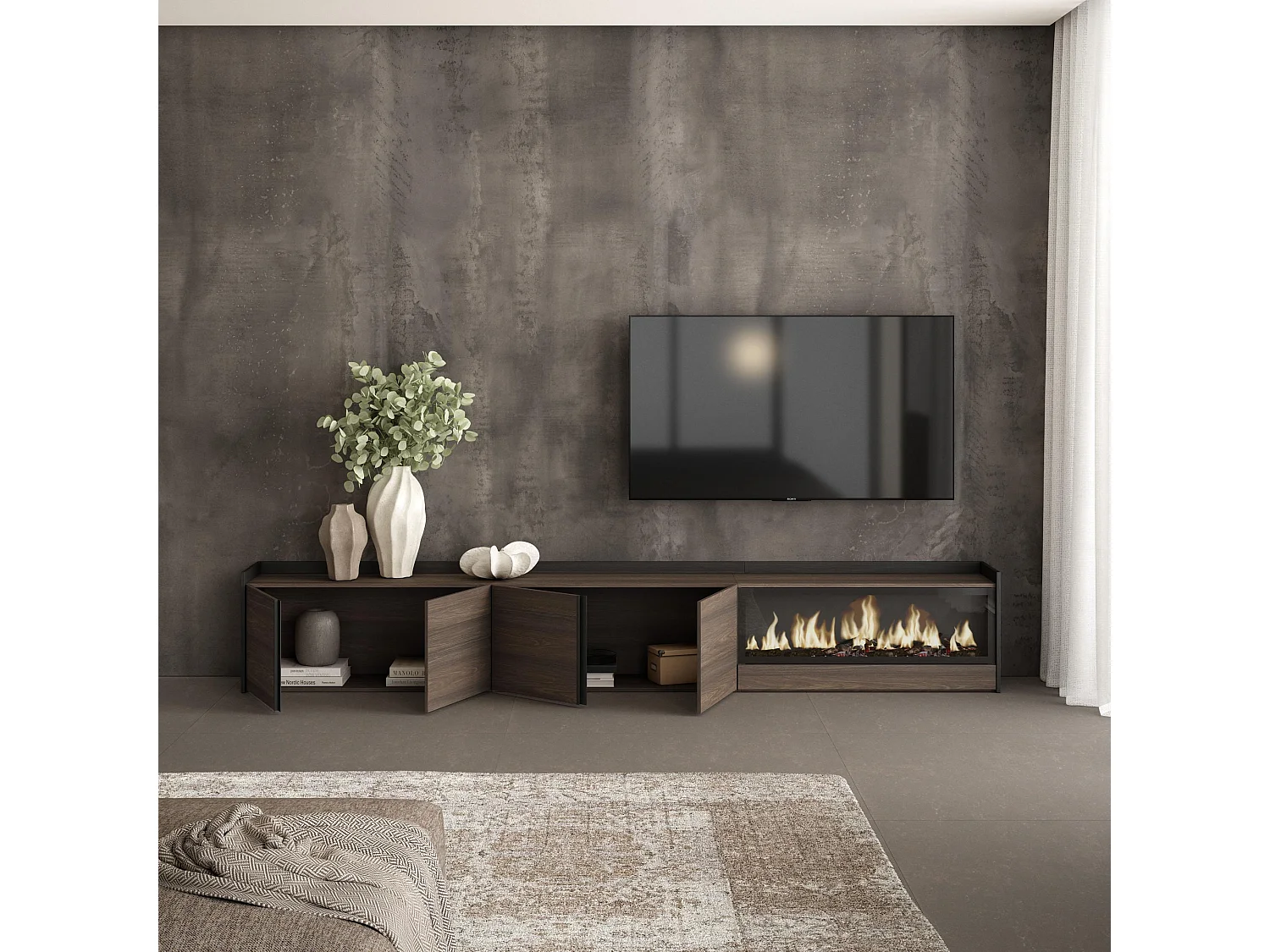 Móvel de TV, 315x50x35 cm, Para televisores até 80", Lareira eléctrica XXL, Carvalho escuro e Preto