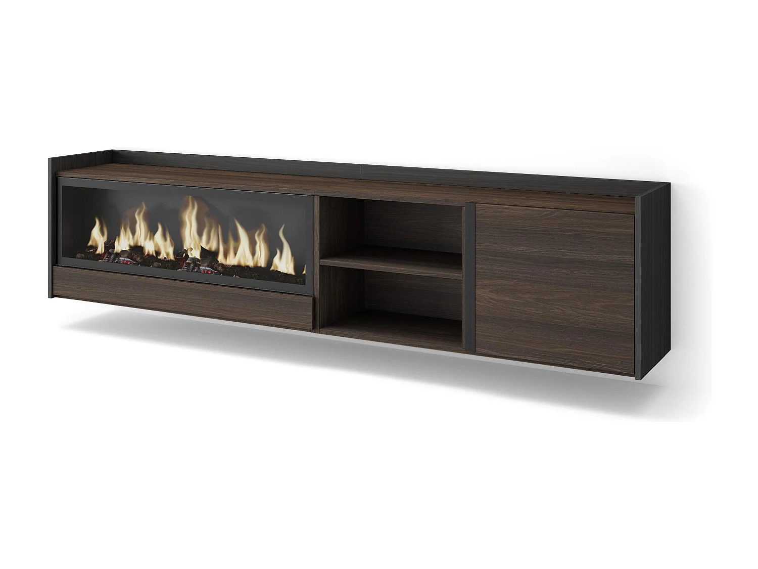 Móvel de TV, 212x50x35 cm, Para televisores até 80", Lareira eléctrica XXL, Suspensos, Carvalho escuro e Preto