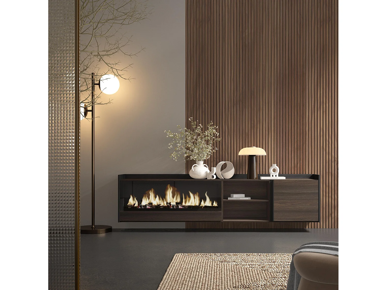 Móvel de TV, 212x50x35 cm, Para televisores até 80", Lareira eléctrica XXL, Suspensos, Carvalho escuro e Preto