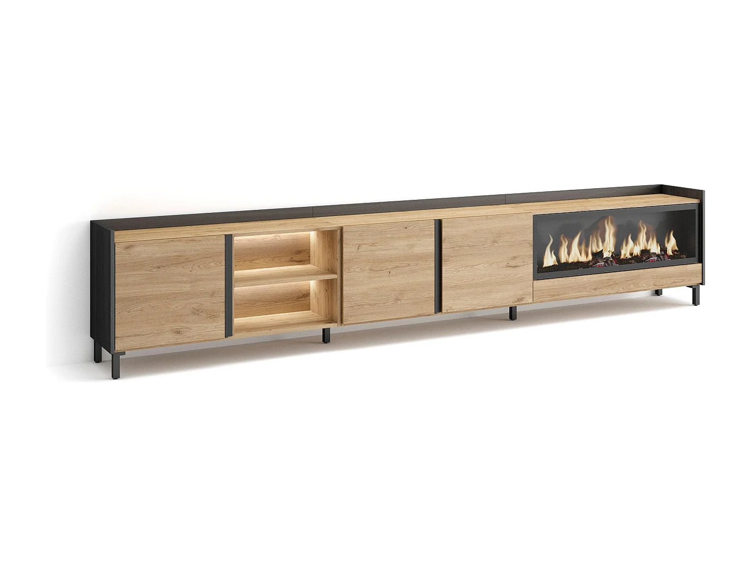 TV-Schrank, Lowboard, 315x61x35 cm, Für TV-Geräte bis zu 80", Elektrokamin XXL, Industriedesign, LED, Eiche Schwarz