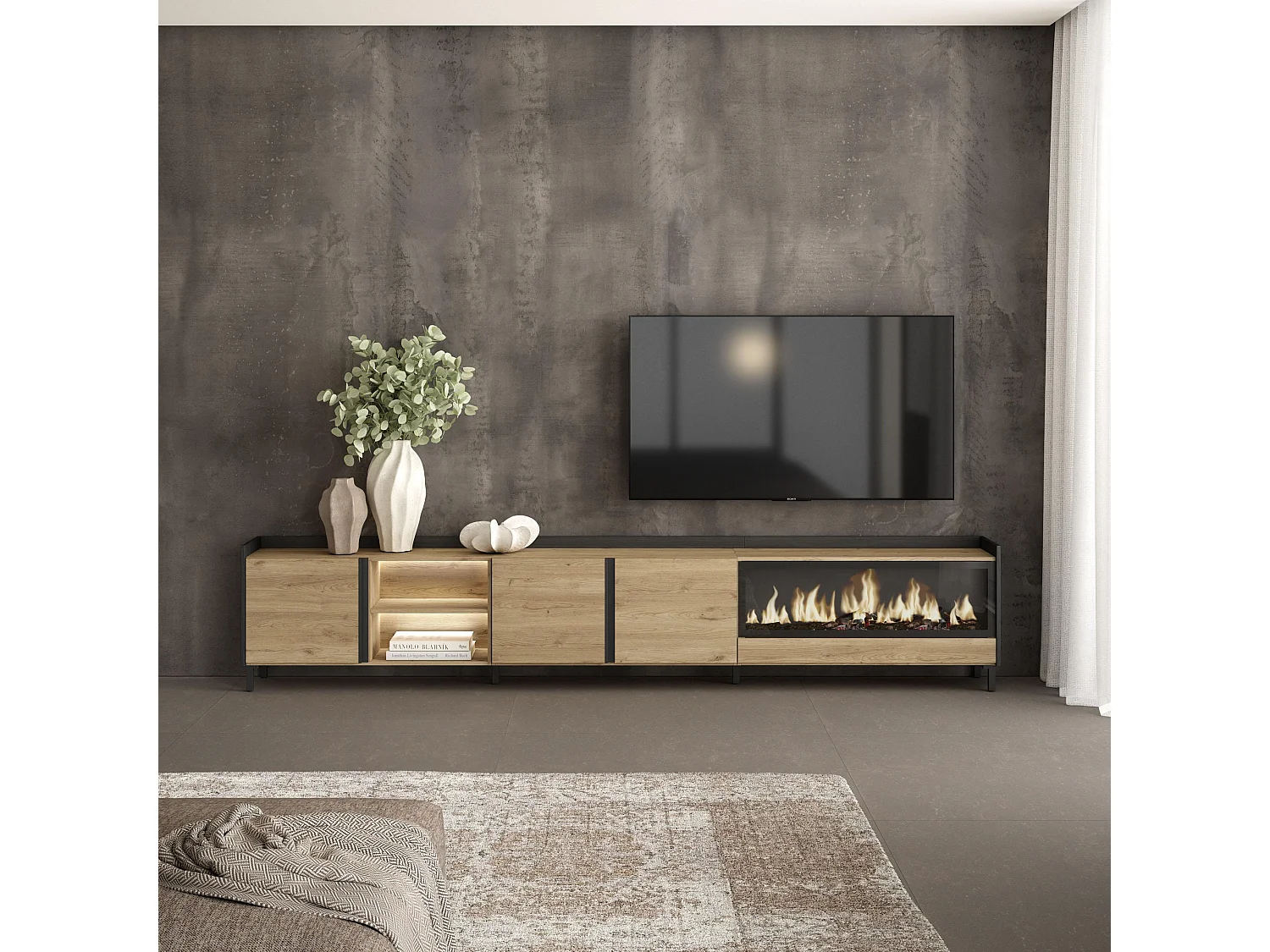 TV-Schrank, Lowboard, 315x61x35 cm, Für TV-Geräte bis zu 80", Elektrokamin XXL, Industriedesign, LED, Eiche Schwarz