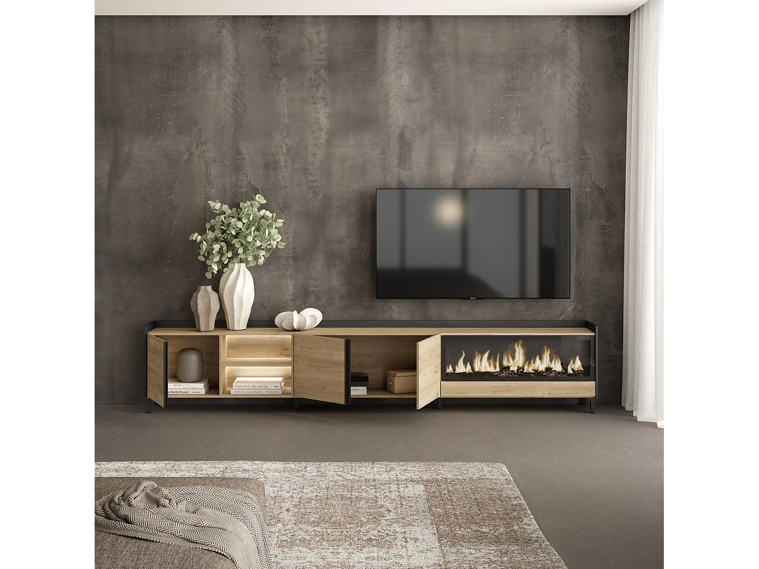 TV-Schrank, Lowboard, 315x61x35 cm, Für TV-Geräte bis zu 80", Elektrokamin XXL, Industriedesign, LED, Eiche Schwarz