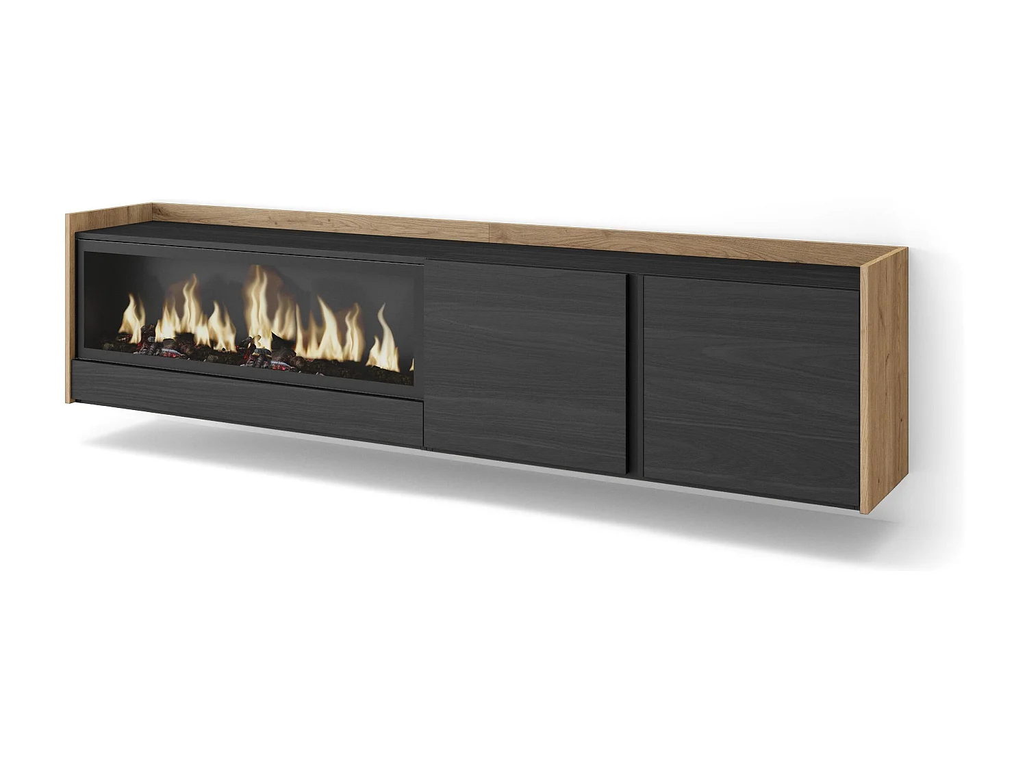 TV-Schrank, Lowboard, 212x50x35 cm, Für TV-Geräte bis zu 80", Elektrokamin XXL, Hängend, Schwarz Eiche