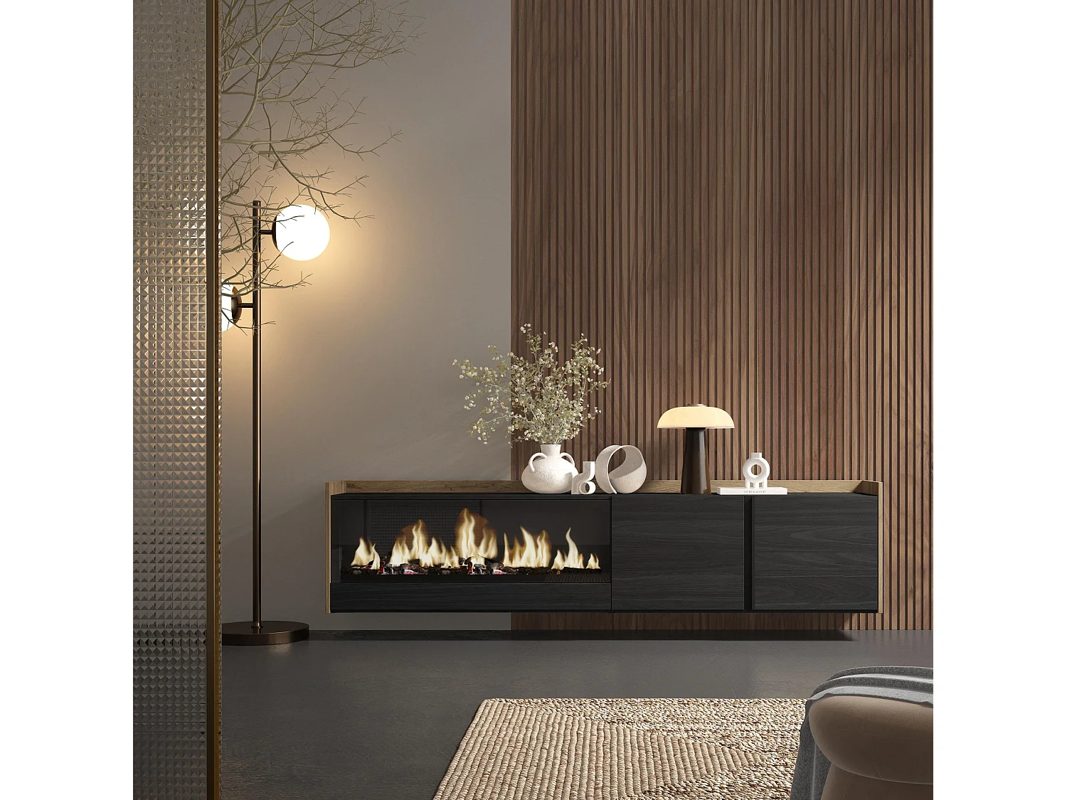 TV-Schrank, Lowboard, 212x50x35 cm, Für TV-Geräte bis zu 80", Elektrokamin XXL, Hängend, Schwarz Eiche