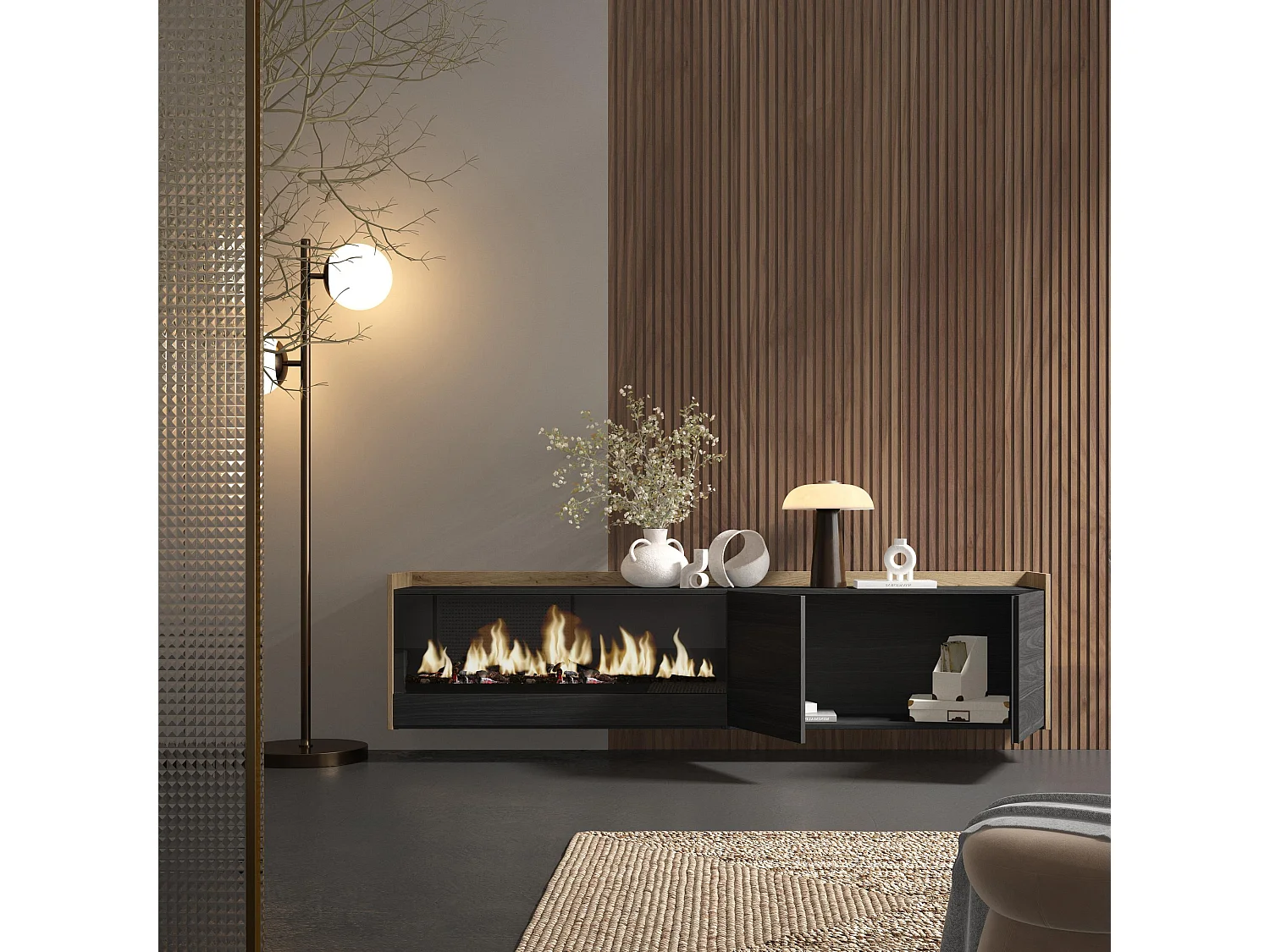 TV-Schrank, Lowboard, 212x50x35 cm, Für TV-Geräte bis zu 80", Elektrokamin XXL, Hängend, Schwarz Eiche