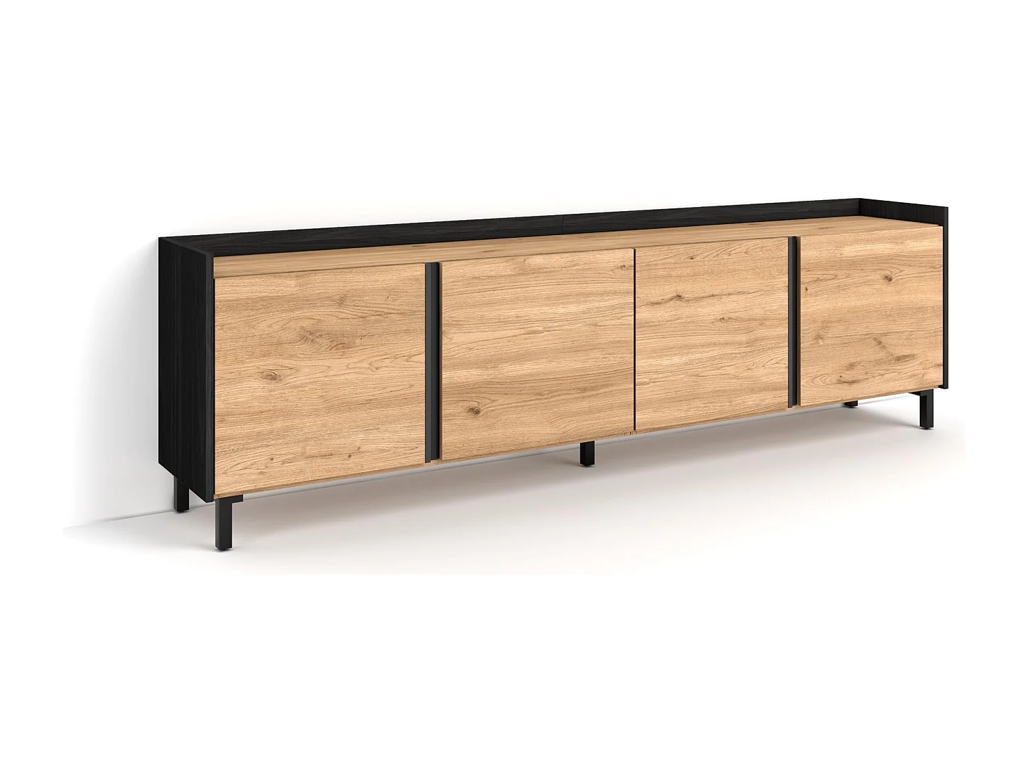 Mueble TV, Televisión, 207x61x35 cm, Para TV hasta 80", Diseño industrial, Roble y negro