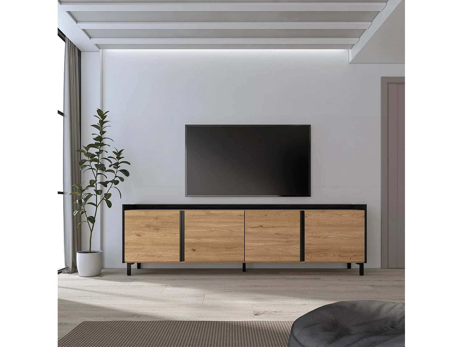 Mueble TV, Televisión, 207x61x35 cm, Para TV hasta 80", Diseño industrial, Roble y negro
