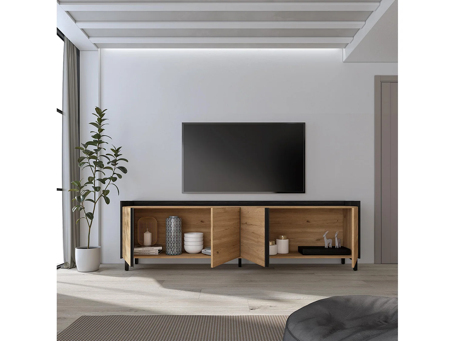 Mueble TV, Televisión, 207x61x35 cm, Para TV hasta 80", Diseño industrial, Roble y negro