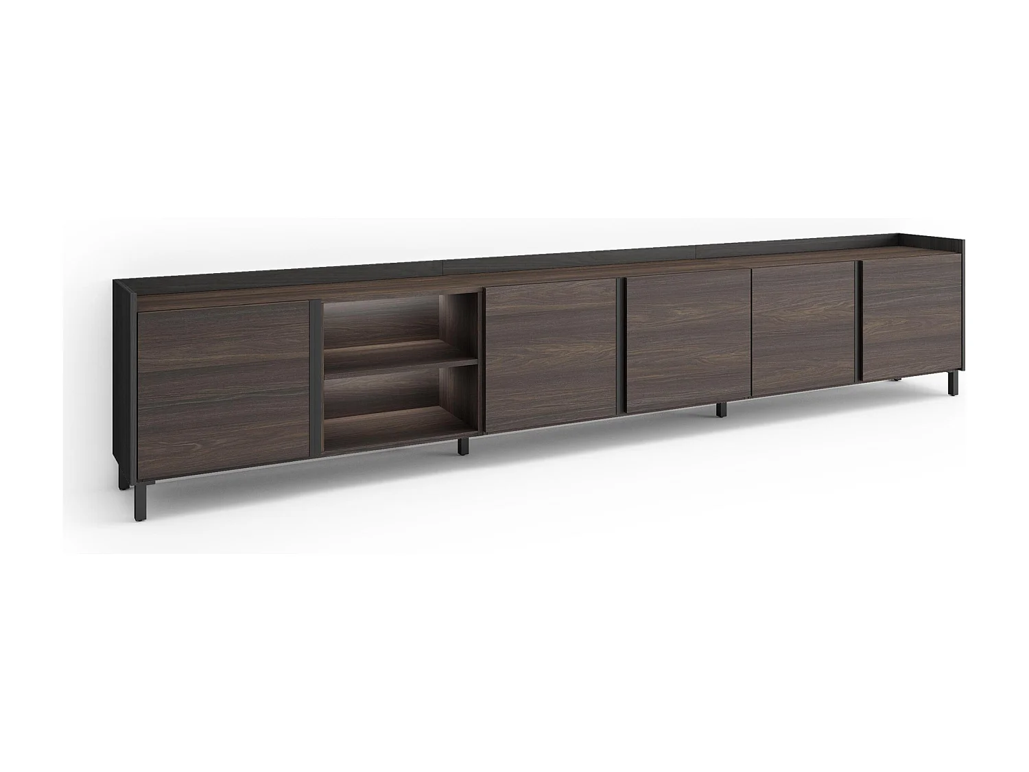 TV-Schrank, Lowboard, 309x61x35 cm, Für TV-Geräte bis zu 80", Industriedesign, LED, Dunkler Eiche und Schwarz
