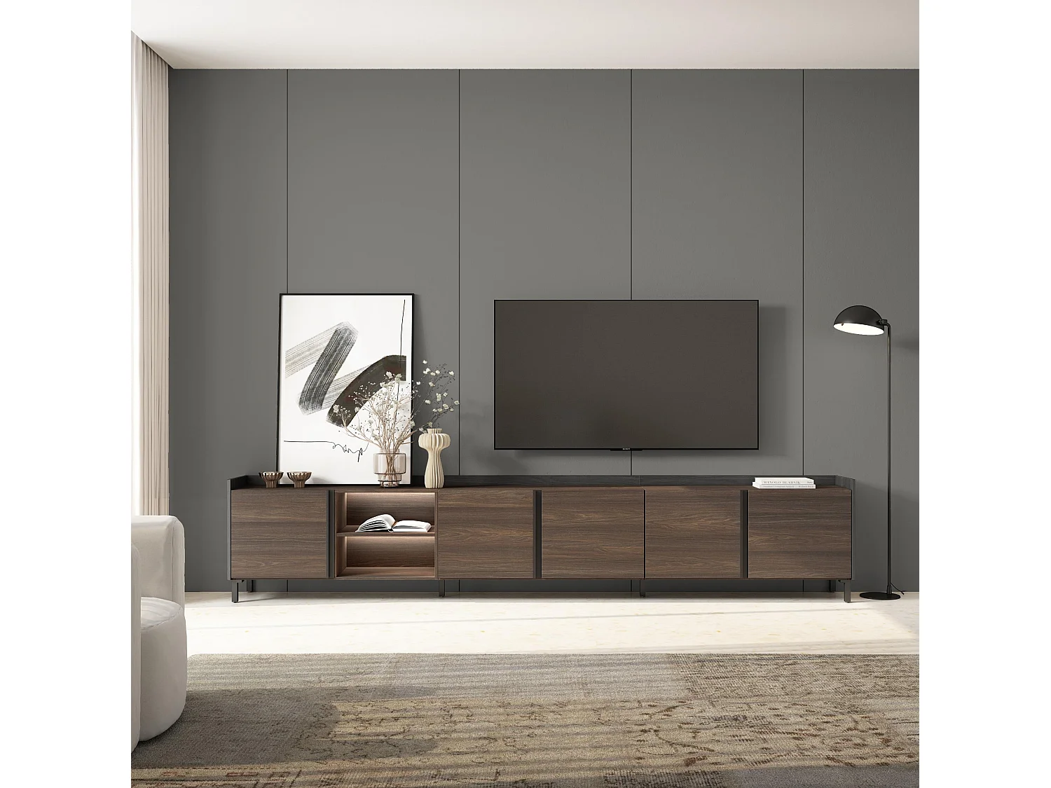 TV-Schrank, Lowboard, 309x61x35 cm, Für TV-Geräte bis zu 80", Industriedesign, LED, Dunkler Eiche und Schwarz