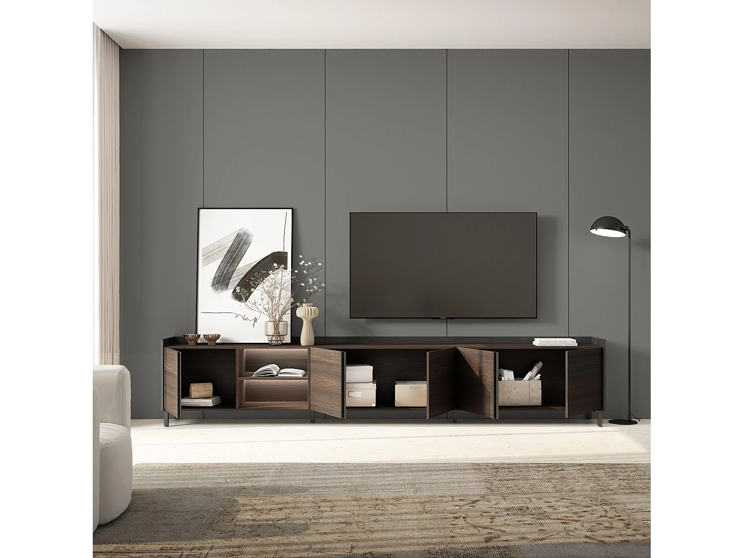 TV-Schrank, Lowboard, 309x61x35 cm, Für TV-Geräte bis zu 80", Industriedesign, LED, Dunkler Eiche und Schwarz