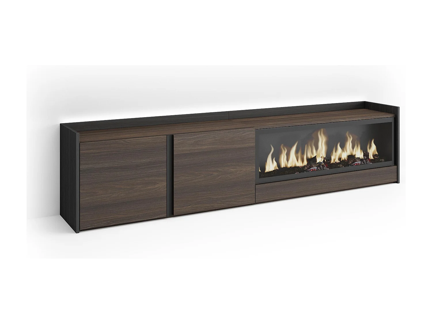 TV-Schrank, Lowboard, 212x50x35 cm, Für TV-Geräte bis zu 80", Elektrokamin XXL, LED, Dunkler Eiche und Schwarz