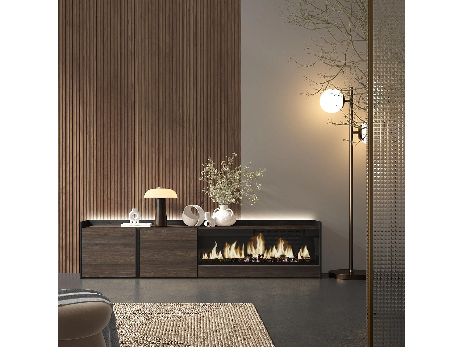 TV-Schrank, Lowboard, 212x50x35 cm, Für TV-Geräte bis zu 80", Elektrokamin XXL, LED, Dunkler Eiche und Schwarz