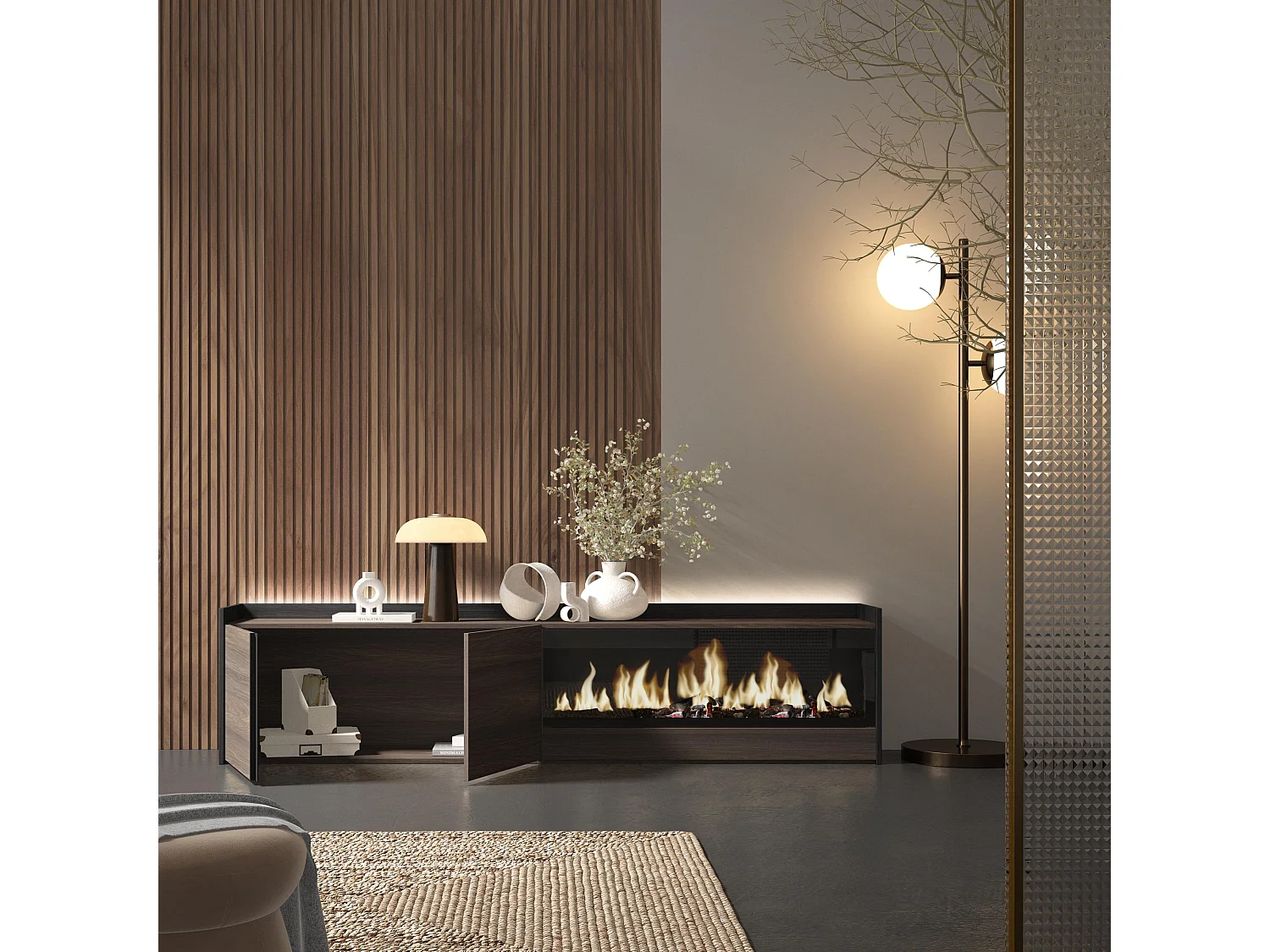 TV-Schrank, Lowboard, 212x50x35 cm, Für TV-Geräte bis zu 80", Elektrokamin XXL, LED, Dunkler Eiche und Schwarz