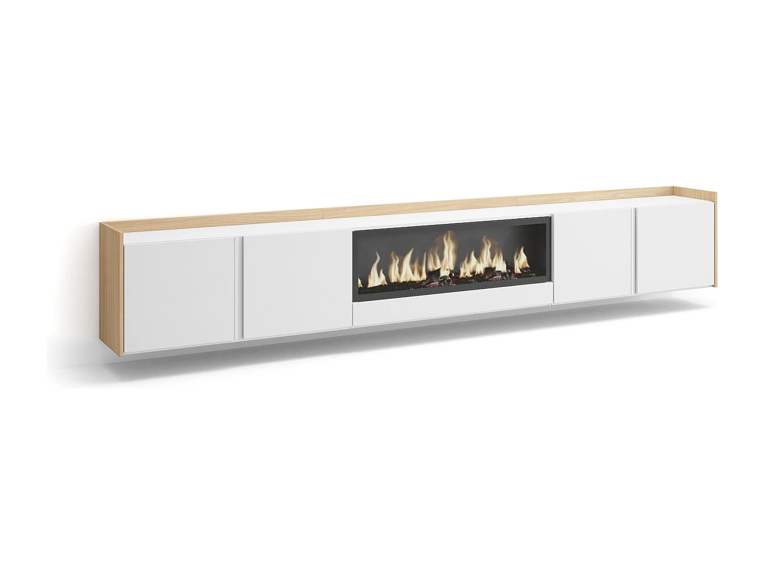 TV-Meubel, Lowboard, 315x50x35 cm, Voor tv's tot 80", Elektrische haard XXL, Hangend, Wit en Eiken soft