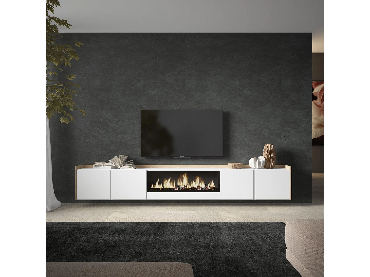 TV-Meubel, Lowboard, 315x50x35 cm, Voor tv's tot 80", Elektrische haard XXL, Hangend, Wit en Eiken soft