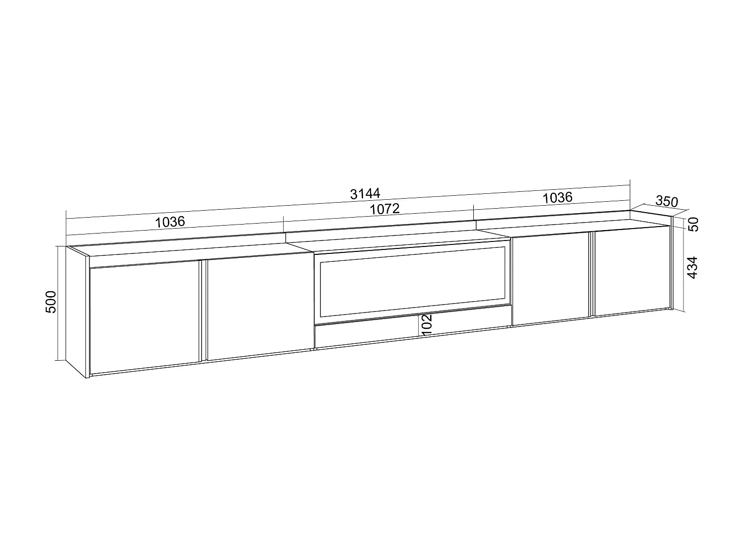 TV-Meubel, Lowboard, 315x50x35 cm, Voor tv's tot 80", Elektrische haard XXL, Hangend, Wit en Eiken soft