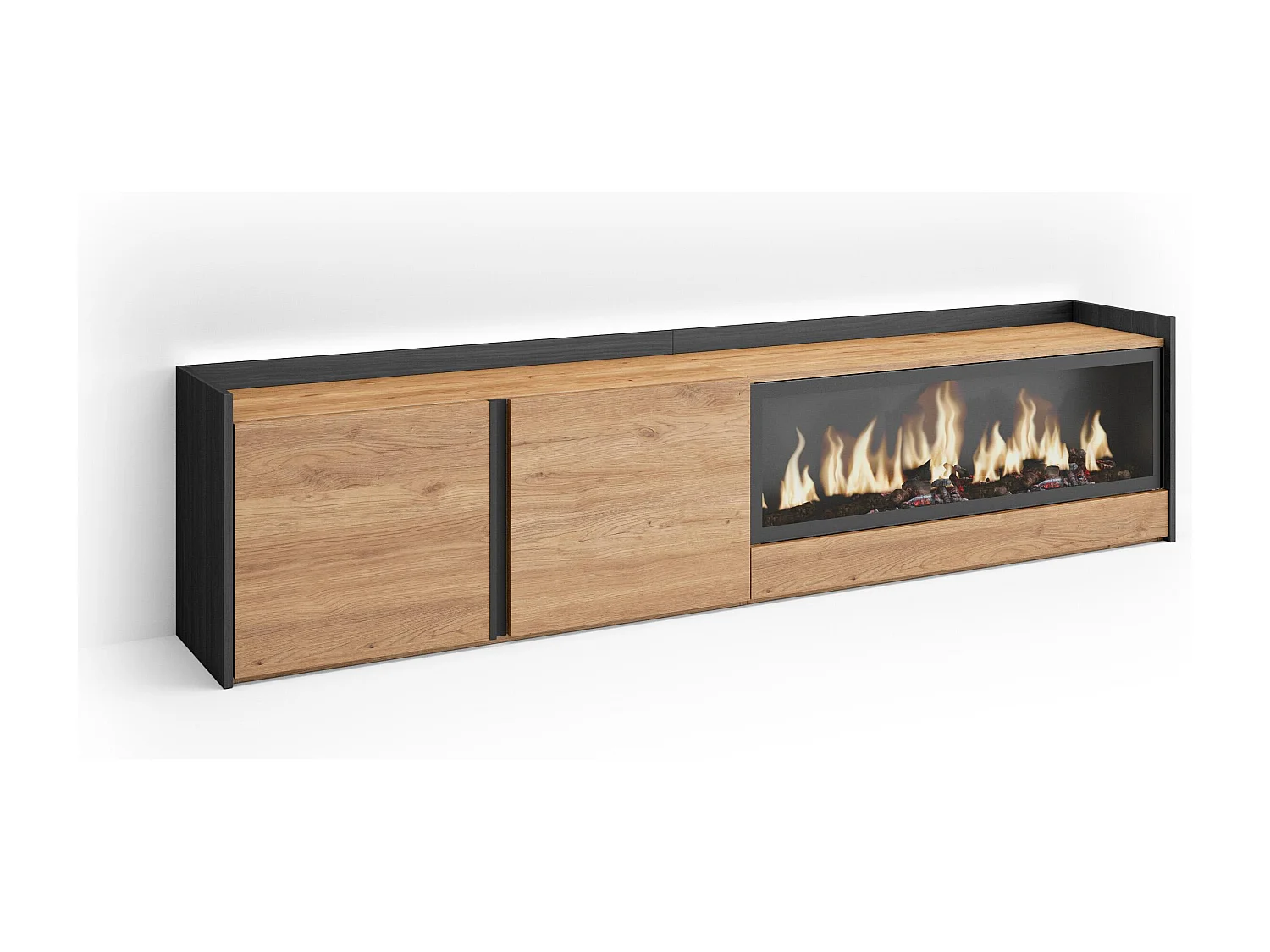 TV-Schrank, Lowboard, 212x50x35 cm, Für TV-Geräte bis zu 80", Elektrokamin XXL, LED, Eiche Schwarz