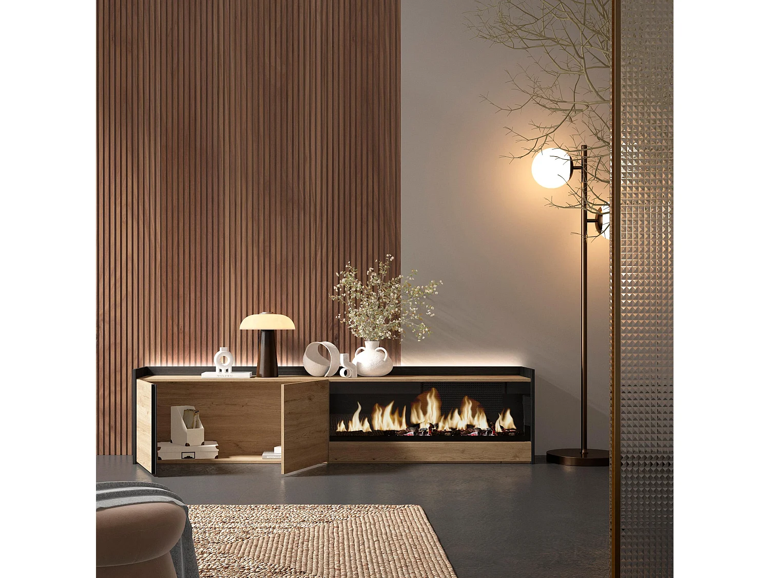 TV-Schrank, Lowboard, 212x50x35 cm, Für TV-Geräte bis zu 80", Elektrokamin XXL, LED, Eiche Schwarz