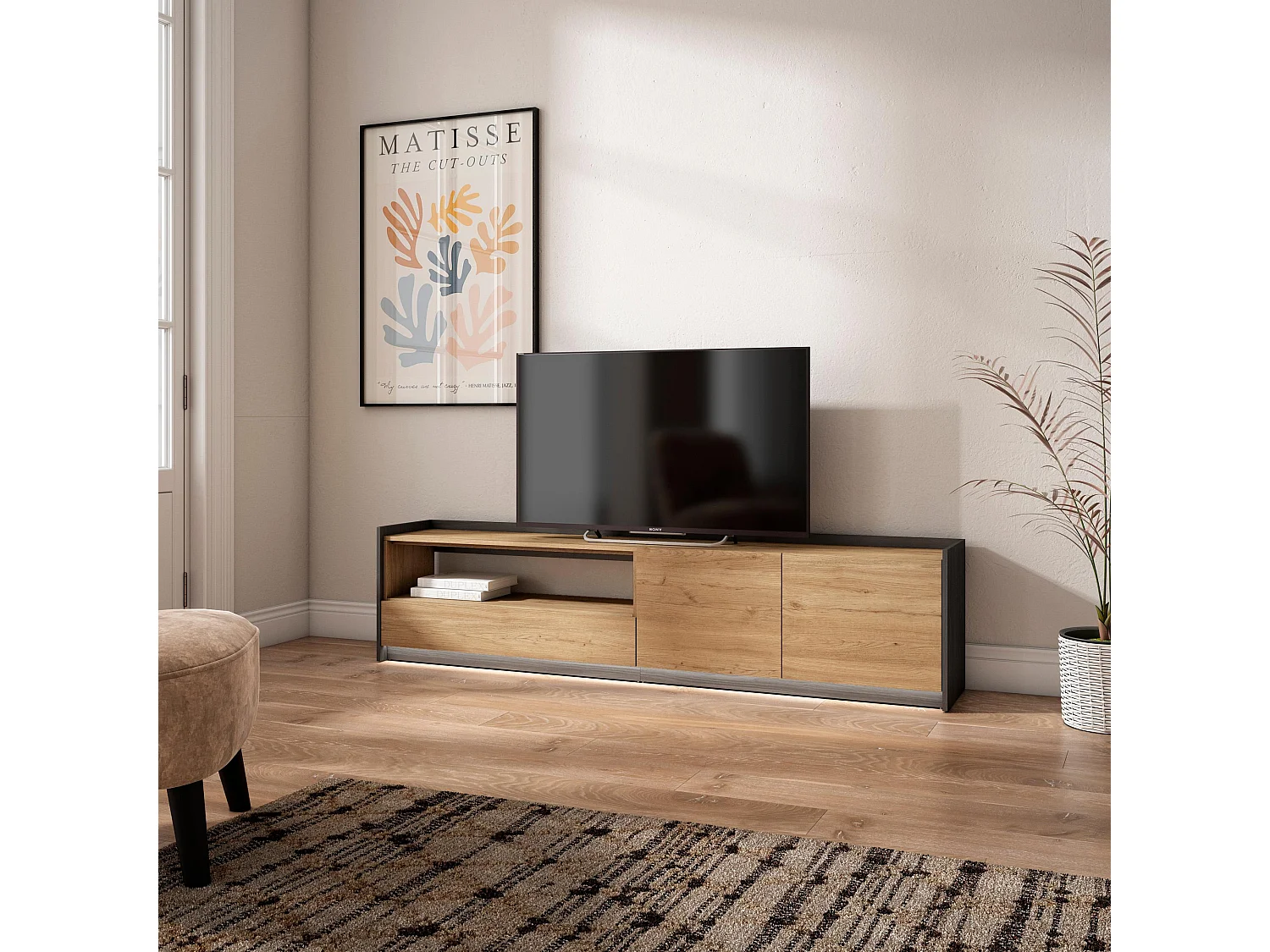 Meuble TV, Banc Télé, 207x50x37 cm, Pour les TV jusqu'à 80", LED, Chêne et noir
