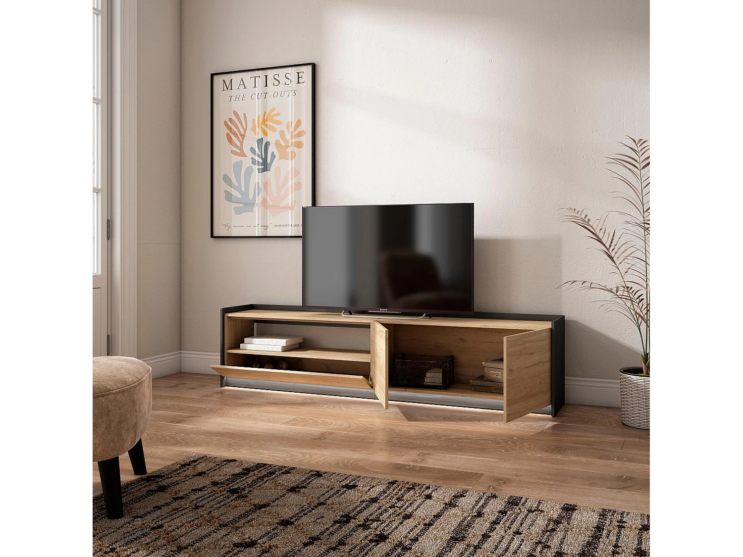 Meuble TV, Banc Télé, 207x50x37 cm, Pour les TV jusqu'à 80", LED, Chêne et noir